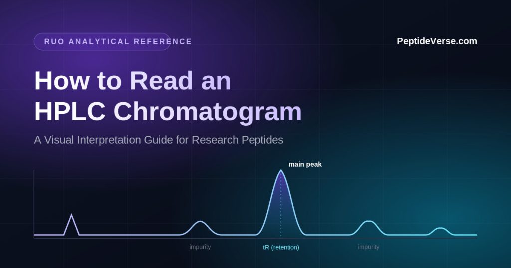 Annotated HPLC chromatogram for research peptide analysis showing main peak, retention time, baseline, and impurity peaks.